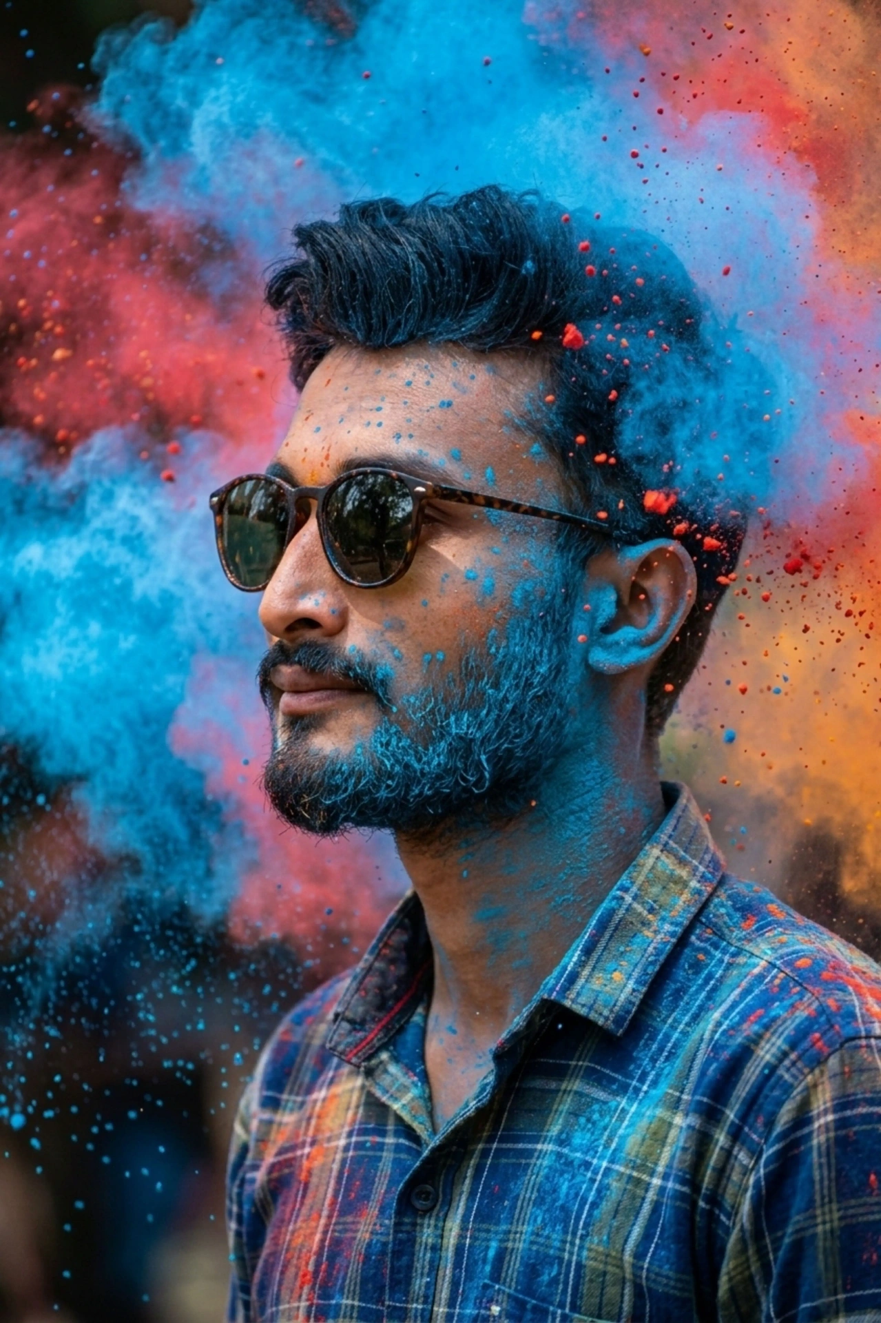 Pigment-toned portrait in deep magenta